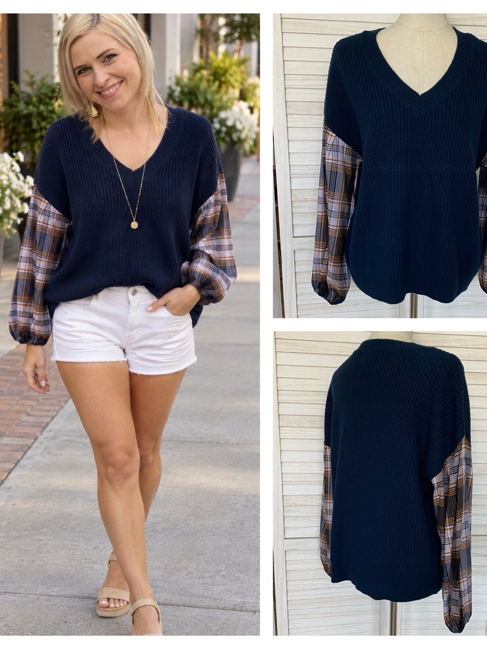 Jessica Simpson Navy Knit V-Neck Sweater with Plaid Sleeve Detail SZ L NWT